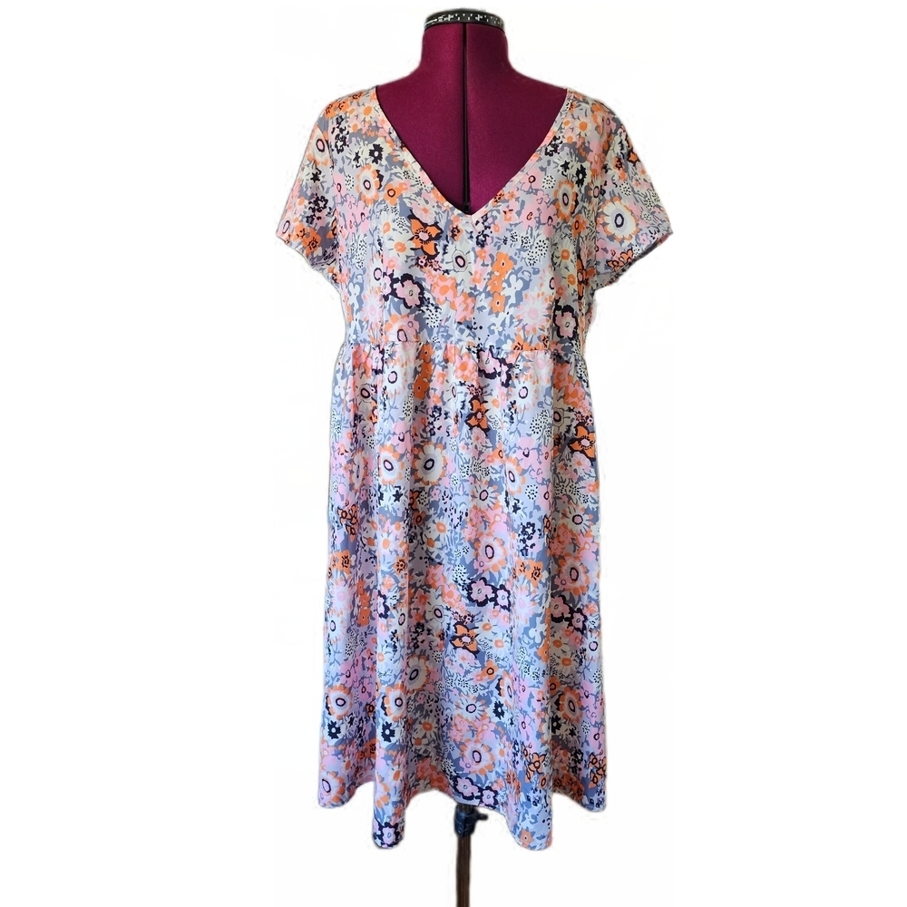 Hekka Floral V-Neck Midi Dress in Pink and Blue Cottagecore XL